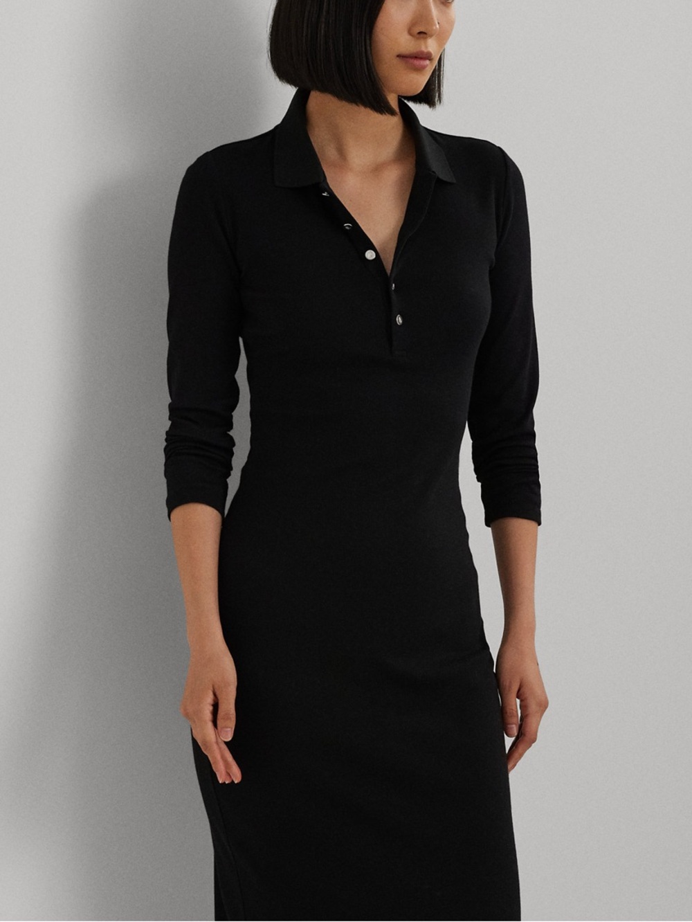 🍃💕NWT RALPH LAUREN Black Long-Sleeve Rib Knit Cotton Blend Polo Dress Size S